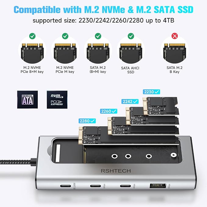 RSHTECH 5-in-1 USB C Hub with M.2 NVMe/SATA SSD Enclosure 10Gbps USB Data Ports (1A + 2C) and 100W Power Delivery Aluminum USB-C Dock Dongle for MacBook Laptops and More