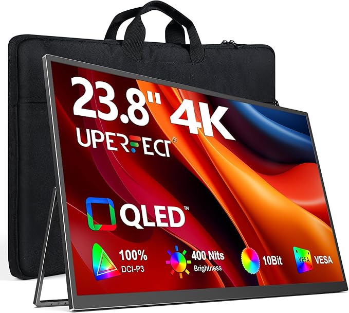 UPERFECT Portable Monitor 4K 23.8 QLED| 400 Nits 24 Large Monitor | 3840 * 2160 UHD 100% DCI-P3 | 1MS FreeSync | USB-C &amp HDMI | VESA &amp Stand | Second Screen for Computer Mini PC Game Conso