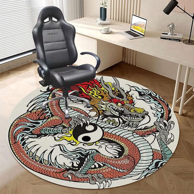 Burnt Sienna Office Chair Mat for Hardwood Floor Traditional Chinese Creature Mascot Cartoon Upgrade Composite Materials Strong Impact Resistance Durable Non-Slip Floor Protector Diameter 59 in