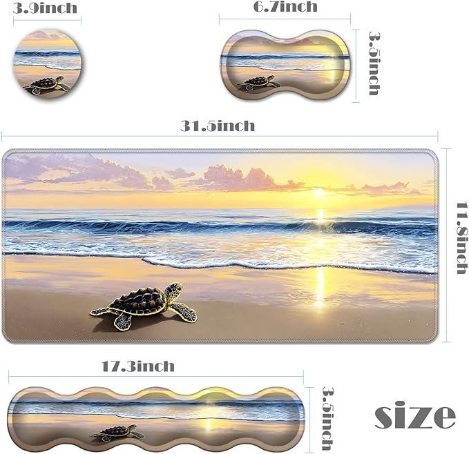 Ergonomic Keyboard Wrist Rest &amp Mouse Pad Wrist Rest SetXL Gaming Desk Mat 31.5x 11.8Non-Slip BaseMemory FoamEasy Typing Pain Relief for Office &amp HomeSea Turtle on Beach Sunset