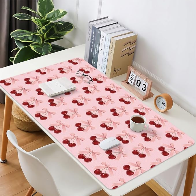 Cute Bow Cherry Pink Extended Gaming Keyboard Mouse Pad Non-Slip Leather Home Office Desk Mat Protector Laptop Desk Pad Writing Pad