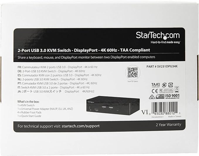 StarTech.com 2 Port DisplayPort KVM Switch - 4K 60Hz - Single Display - Dual Port UHD DP 1.2 USB KVM Switch with Integrated USB 3.0 Hub &amp Audio-Dell HP Apple Lenovo-TAA Compliant (SV231DPU34K) Bl