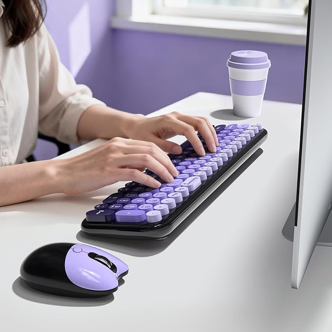 Wireless Keyboard and Mouse Combo MOWUX Compact Typewriter Retro Round Computer Keyboard Cute Optical Mouse Wireless Plug and Play for Laptop PC Computer- Black Purple Gradient
