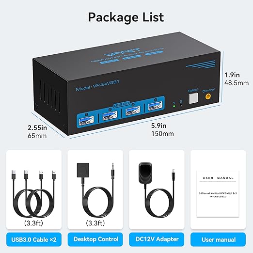 8K@60Hz HDMI KVM Switch 3 Monitors 2 Computers 4K@120Hz USB 3.0 KVM Switches for 2 PC Share Triple Monitor and 4 USB Ports Supports Extended&ampCopy Mode.Wired Controller DC 12V/1A Adapter Included