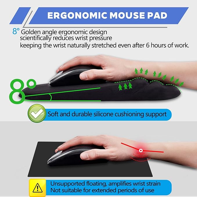 Ergonomic Mouse Pad with Wrist Rest Milk Silk Fabric Durable Silicone Filling Non-Slip Pu Base Massage Design Pain Relief Mousepad for Wireless Mouse and Desk 12x8inch Black
