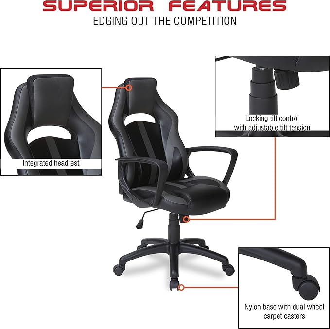 OSP Home Furnishings Influx Adjustable Faux Leather Gaming Chair with Lumbar Support and Full 360 Rotation Red Accents