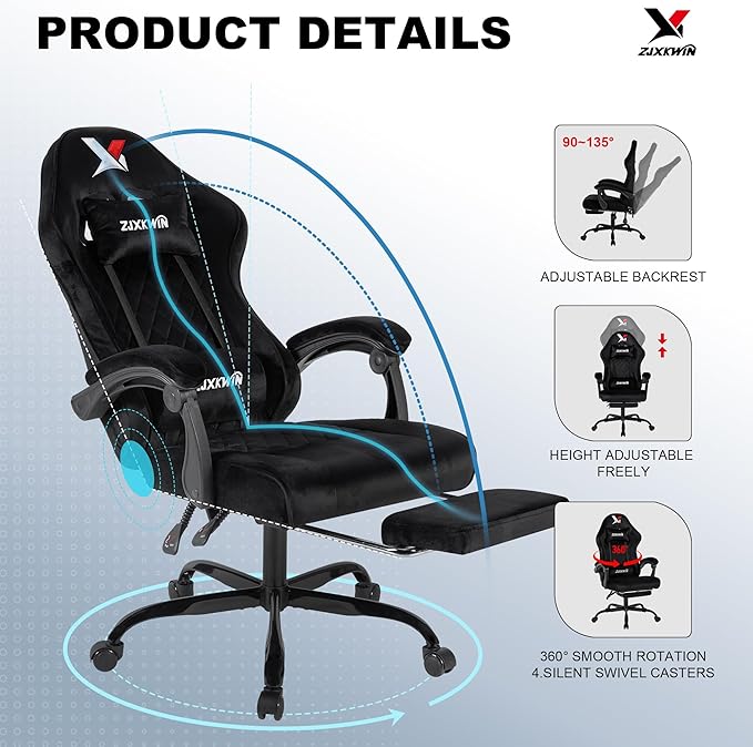 Gaming Chair with Footrest Ergonomic Computer Chair with Headrest &amp Lumbar Support Skin-Friendly Velvet Adjustable Height &amp Backrest Linked Armrest for Gamer Home Adults Office RestBlack