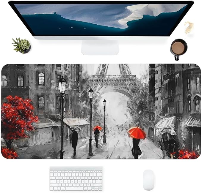 Paris Street Eiffel Large Mouse Pad Gaming Mousepad with Wrist Support Rubber Computer Keyboard Mat for Desk Laptop Non-Slip Full Deskmat Protector Waterproof Writing Pad Office Home 16x35.5 in