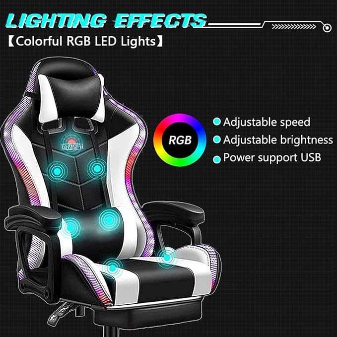 Massage Gaming Chair with Footrest RGB Gaming Chair with Speakers Video Game Chair with Headrest and Lumbar Support Backrest Adjustable Reclining Gamer Chair