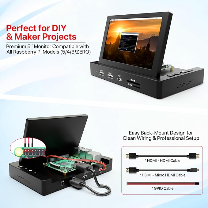 ROADOM 5'' Mini Monitor with Raspberry Pi Mount Holes &amp USB HUB Type-C One-Cable Connection&ampSpeakers All-in-One Storage Dock Pocket IPS Screen for PC monitoring/Gaming/AIDA64/Streaming Part