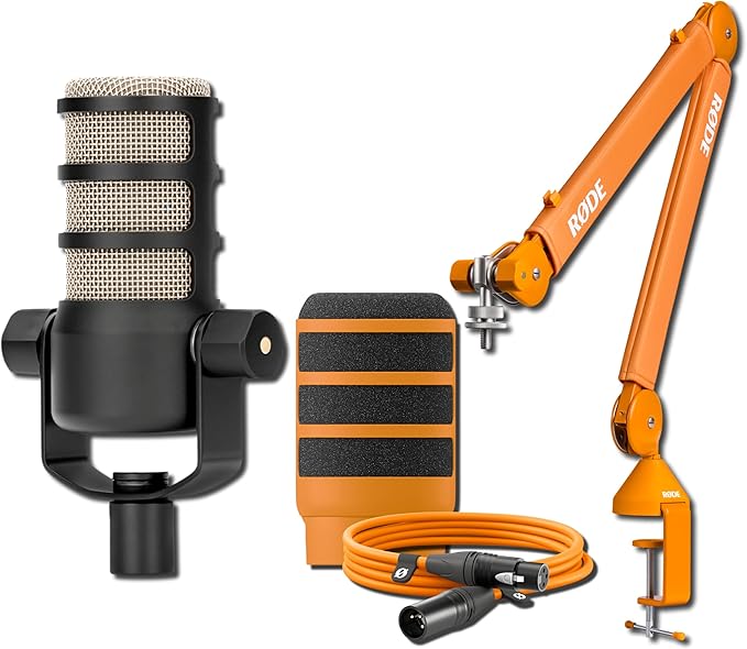 Rode PodMic Dynamic Broadcast Microphone with PSA1+ Microphone Boom Arm WS14 Pop Filter and Premium XLR Cable (Orange)