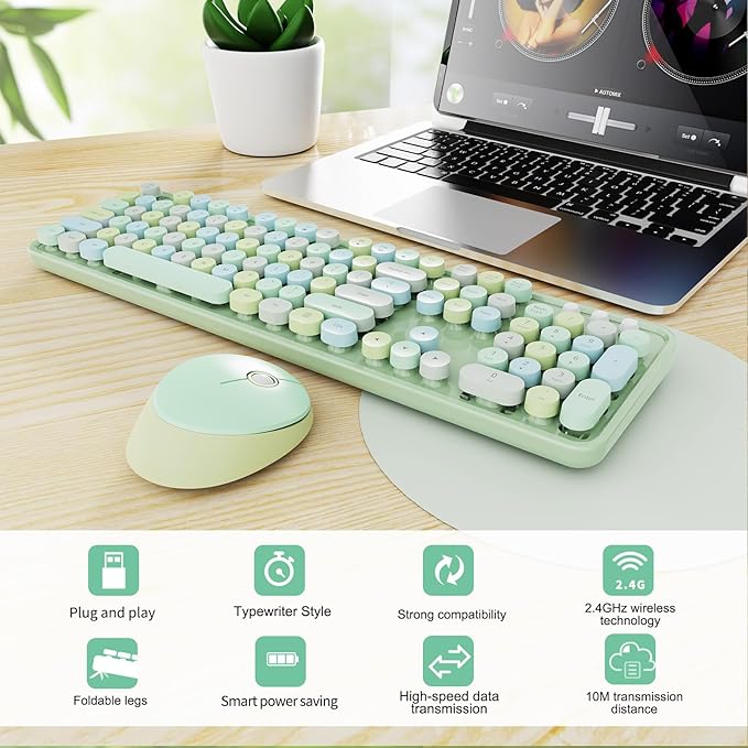 Wireless Keyboard and Mouse Combo Ergonomic Full Size Typewriter Retro Round Keycaps Keyboard Compatible with Windows PC Perfer for Home and Office Keyboards (Green