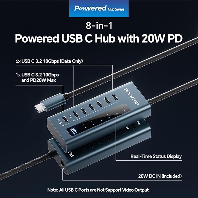 USB C Hub for Laptop PULWTOP 7 in 1 10Gbps USB Adapter Support Data &amp Charging(Not Support Video) USB Hub 10Gbps Ports for iMac MacBook Pro/Air iPad XPS USB Hub Multiport Adapter