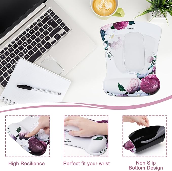 MEGREZ 4-in-1 Ergonomic Memory Foam Wrist Rest Set Desk Pad Mouse Pad with Wrist Rest Keyboard Pad Suitable for Office Workers Programmers &amp Gamers–Relieve Typing &amp Gaming Fatigue White