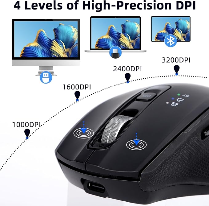 Wireless Mouse with Bluetooth USB-A USB-C Receiver Rechargeable Full-Size Mouse Silent Ergonomic for MacBook/Laptop/Computer/PC/iPad-Black