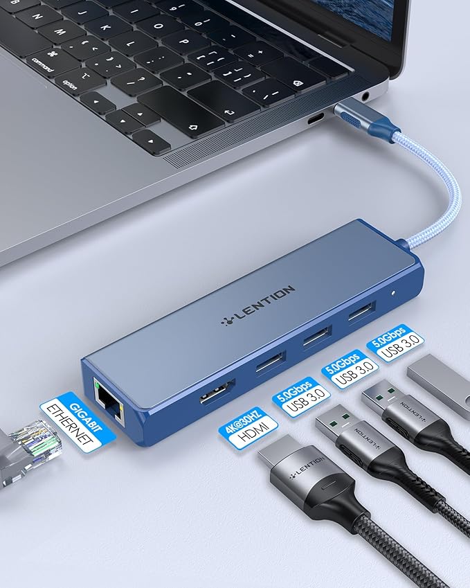 LENTION USB C Hub with 1000M Gigabit Ethernet Adapter 4K HDMI Display 3xUSB-A 3.0 Ports for MacBook Pro/Air/Neo Dell Lenovo HP Laptops and More Stable Driver Certified (C25 Blue)