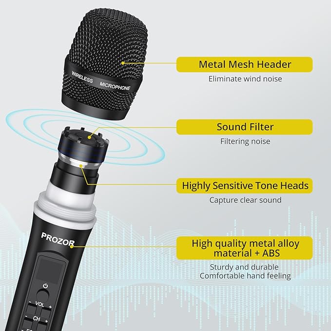 PROZOR UHF Wireless Microphone with Volume Treble Bass Echo Control Wireless Rechargeable Mic Dual Handheld Dynamic Mic System with Rechargeable Receiver for Karaoke Machines DJ Church Weddings