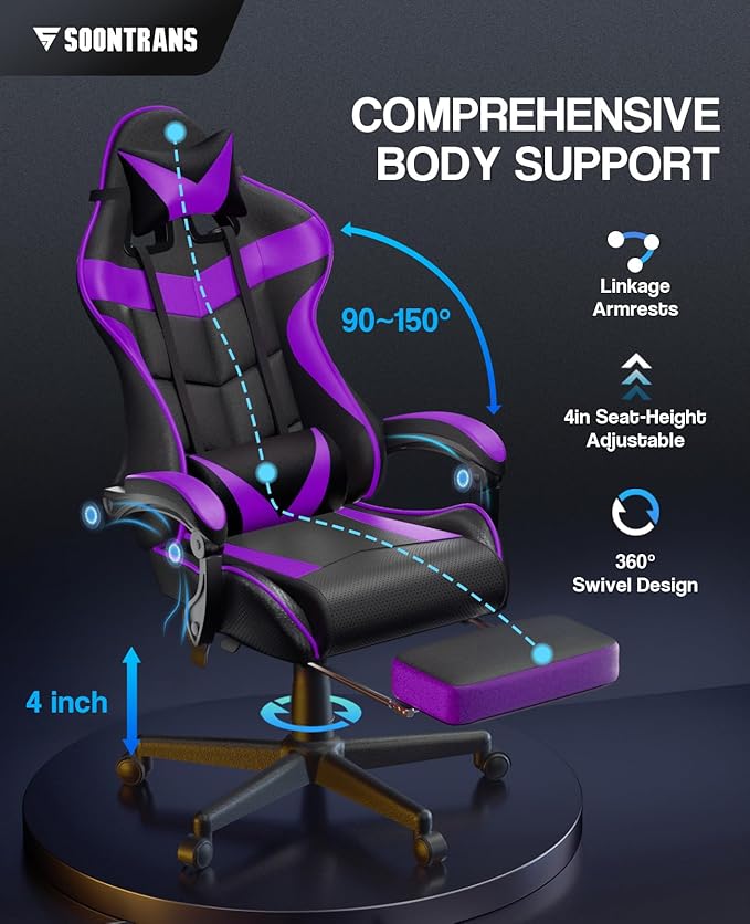Soontrans Purple Gaming Chair with Footrest Ergonomic Gamer Chair Video Game Chairs with Adjustable Headrest Removable Lumbar Support Office Chair Game Chairs for Adults Teens(Purple)