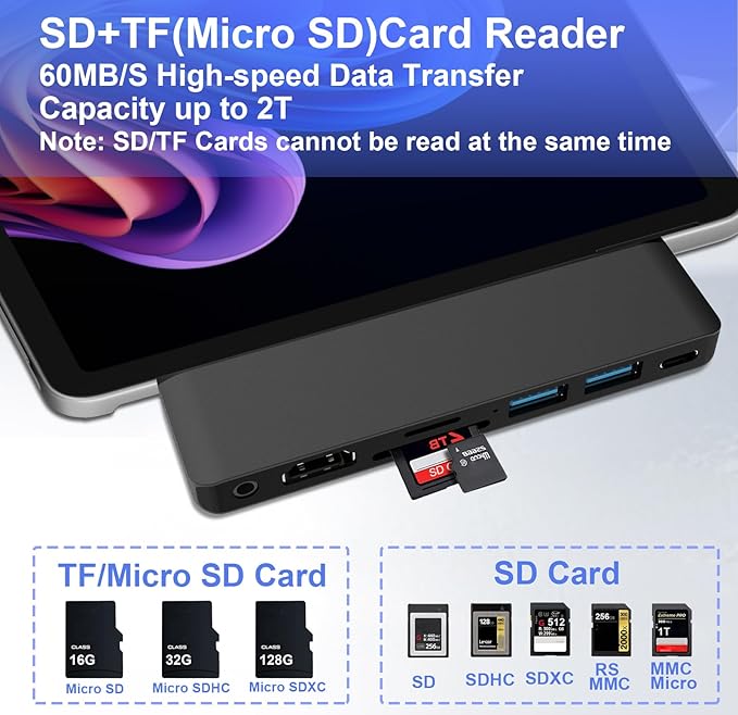 Surface Pro 12 USB Hub Adapter Docking Station with 4K HDMI USB-C Thunderbolt 4 (Display+Data+100W PD) 2 USB 3.0 3.5mm Audio SD/TF Card Slot Accessories for Surface Pro 12 inch 2025