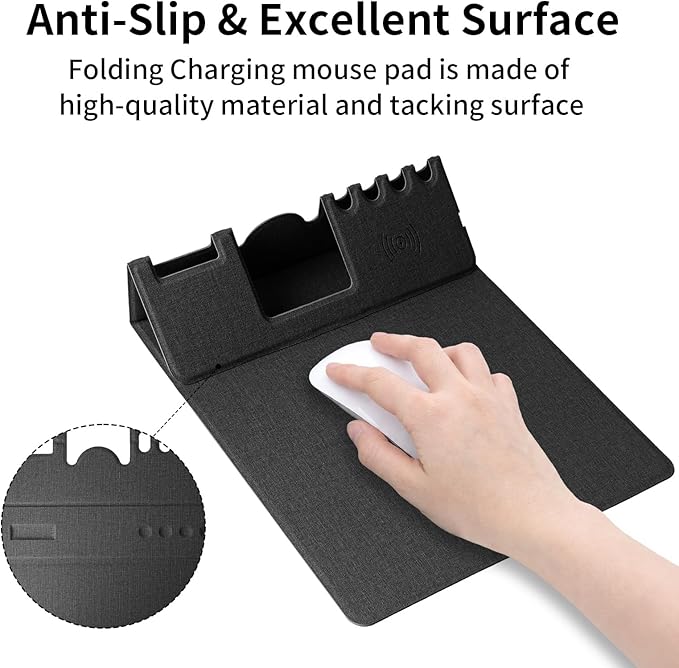 Mouse Pad with Phone Holder &amp Pen Holders Wireless Charging Desk Mat Mousepad Home Office Desk Pad with Ultra-Smooth Surface Non-Slip Base Waterproof Keyboard Pad Classic Black Desk Mat