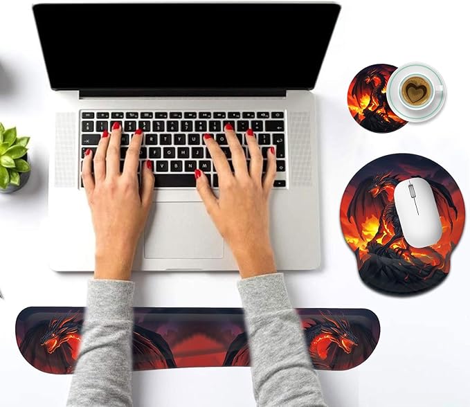 Keyboard Wrist Rest and Mouse Pad Wrist Support Set with CoastersErgonomic Gaming Mousepad for Home Office Working Studying Easy Typing &amp Pain ReliefFire Dragon
