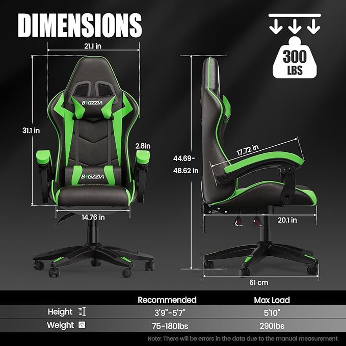 Bigzzia Gaming Chair Ergonomic Video Game Chairs with Pillow and Lumbar Support Racing Style Height Adjustable Computer Chair with 360°-Swivel Seat for Adults and Teens