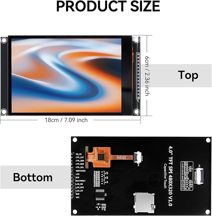 2PCS LCD Display 4.0 Inch 320x480 TN Capacitive Touch Screen Esp32 Display Module SPI Serial ST7796S Driver for Ar duino R3/Mega2560 (Black)