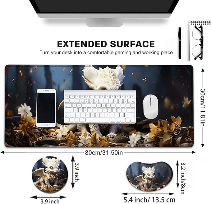 Large Mouse Pad with Mouse Wrist Rest 31.5x11.8 in Extended Mouse Mat with Non-Slip PU Base Ergonomic Memory Foam Wrist Rest for Work &amp Gaming Writing Pad Cute Little White Dragon Office Desk