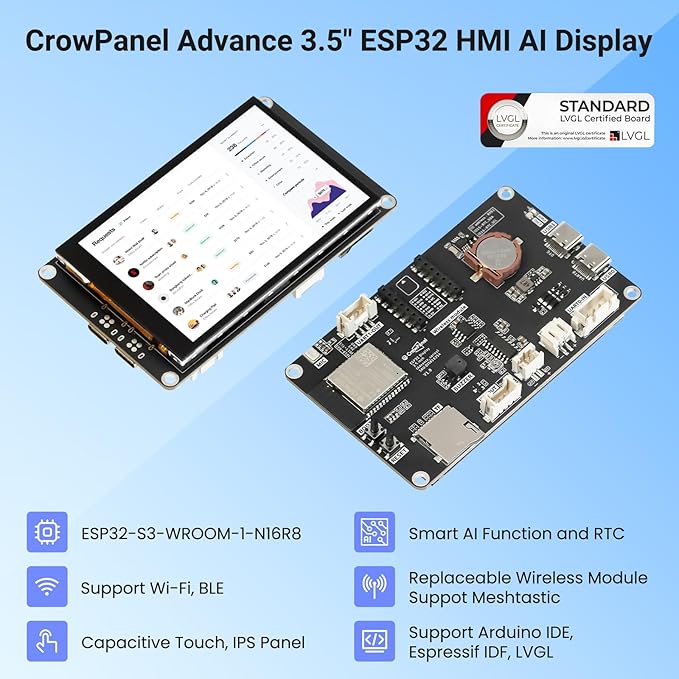 ELECROW ESP32 Display 480×320 3.5 HMI Advanced ESP32 IPS Touch Display Support AI Speech Interaction 32-Bit LX7 Dual-Core Processor Up to 240MHz Compatible with Arduino ESP-IDF and LVGL