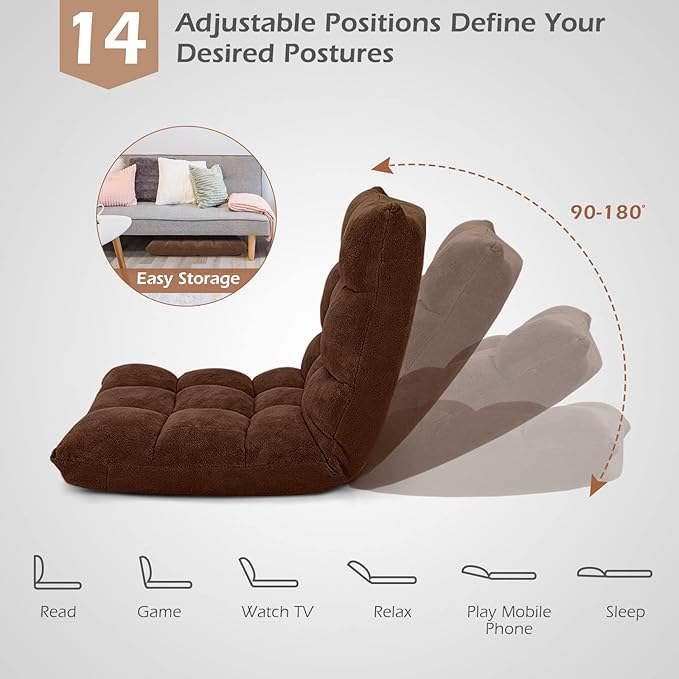 GORELAX Floor Chair with Back Support 14-Position Adjustable Folding Gaming Chair Recliner Meditation Chair with Steel Frame Padded Lazy Sofa Chair for Adults Kids (Brown)