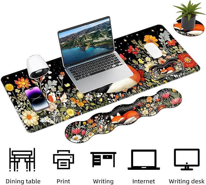 Keyboard Mouse Pad Set Extended Gaming Mouse Pad+Ergonomics Keyboard Wrist Rest Support Memory Foam Easy Typing Pain Relief 4Pcs XL Ultra Thick Desk MatSleeping Fox in Starry Night
