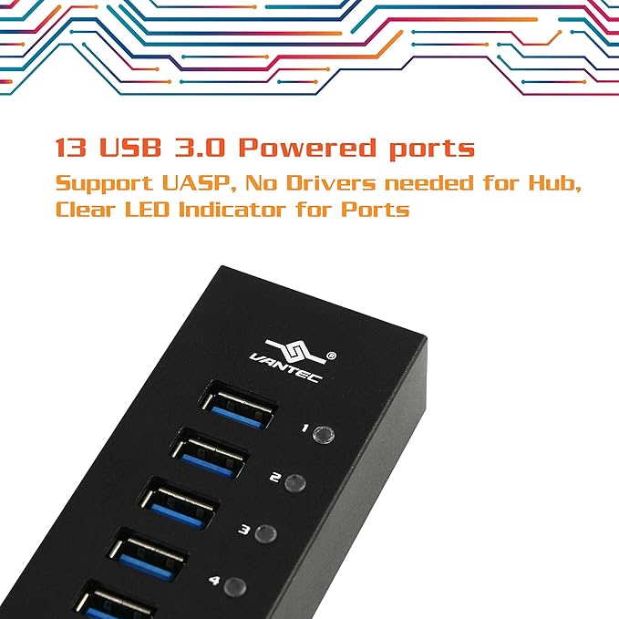 13-Port USB 3.0 Aluminum Hub (All Data/Charging BC 1.2) 12V/5A Premium Power Adapter (UGT-AH131U3-BK)