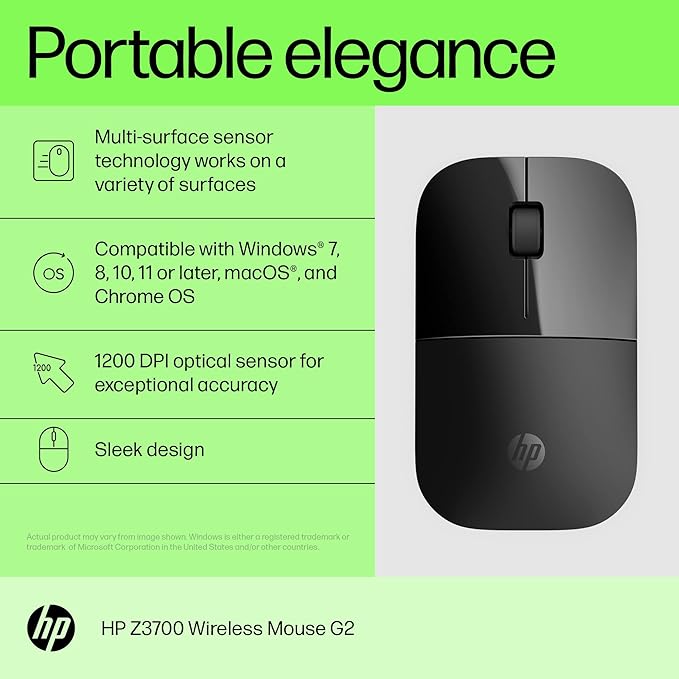 HP Z3700 G2 Wireless Mouse - Onyx Black Sleek Portable Design fits Comfortably Anywhere 2.4GHz Wireless Receiver Blue Optical for Wins PC Laptop Notebook Mac Chromebook (681R7AA#ABL)