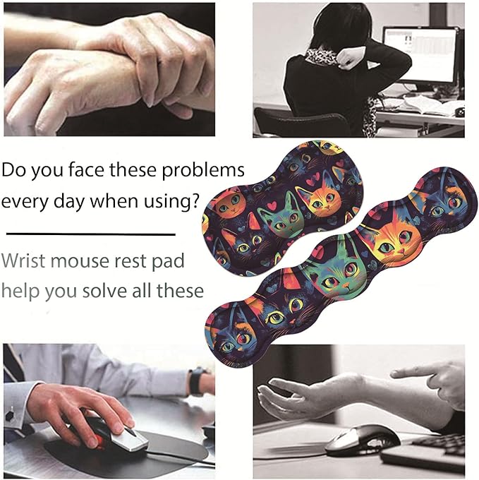 Large Gaming Table Pad 31.5 x 11.8 + Keyboard Wrist Pad + Mouse Wrist Pad + Coaster Non-Slip Base 4-in-1 Set Ergonomic Memory Foam Easy Typing Pain Relief Watercolor Cat Face