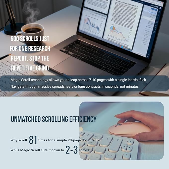 Wireless Mouse Magic Scrolling Mouse with Precision Metal Touch Wheel Dual-Mode Inertial Flick &amp Auto-Pilot Scroll 2.4GHz USB-A Receiver Single AA Battery for PC Mac Laptop Chromebook. (Wh