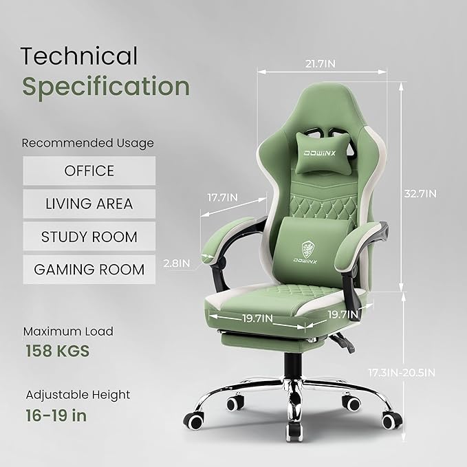 Dowinx Gaming Chair Breathable Fabric Game Chair with Gel Pad and Storage Bag Comfortable Gamer Chair with Pocket Spring Cushion Ergonomic Computer Chair with Footrest Green