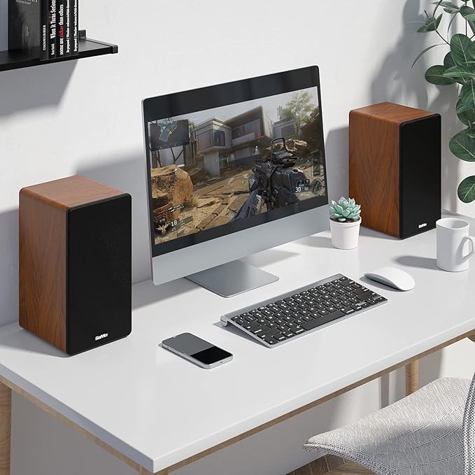 Saiyin Bluetooth Bookshelf Speakers 40W X 2 Powered TV Speakers with 4 Inch Woofer Turntable Speakers with Optical/AUX Input/Subwoofer Line Out for PC and TVs