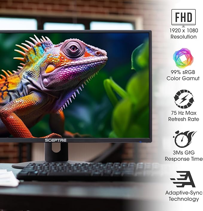 Sceptre 24-inch Prime Monitor Thin 1080p LED Monitor 99% sRGB 2x HDMI VGA Build-in Speakers Machine Black (E248W-19203R 2025 Series)