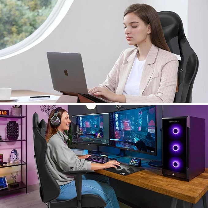 Gaming Chair Ergonomic Office Chairs PU Leather High-Back Computer Chair with Footstool and Lumbar Support360°Swivel Game Chairs with Headrest for Office &amp GamingBlack (Grey)