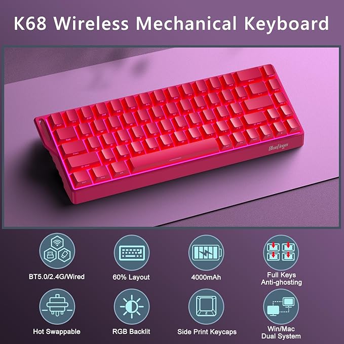 BlueFinger 60% Wireless Mechanical Gaming Keyboard Bluetooth/2.4G/USB-C Hot Swappable RGB Backlit Keyboard with Side-Printed PBT Keycaps for MAC Xbox PC PS5 Pink