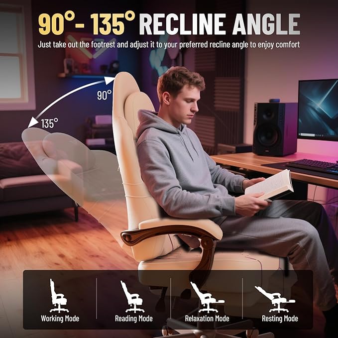 Soontrans PU Leather Gaming Chair with FootrestHigh Back Ergonomic Computer Gamer ChairComfortable Video Game Chair with Massage Lumbar Cushion Racing Reclining Office Desk Chair for AdultBeige