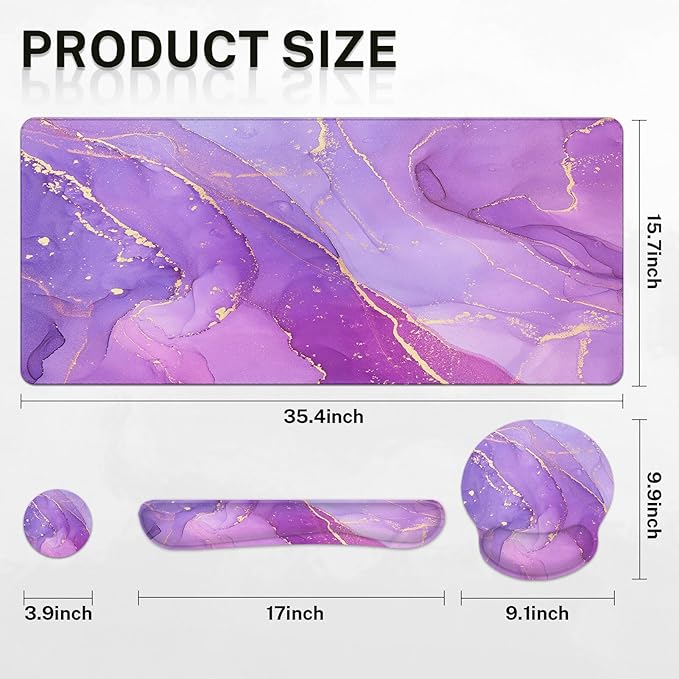 Desk Mat Painting Golden Purple Marble Mouse Pad Set 4-in-1 Large Mousepad+Keyboard Wrist Rest+Mouse Wrist Rest+Coaster with Ergonomic Design Non-Slip Mat