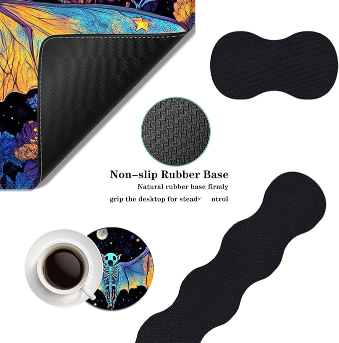 Mouse PadLarge Desk Mat Set 4in1 XL Mousepad + Keyboard Wrist Rest+Mouse Wrist Rest+Coaster with Ergonomic Desk Pad for Home Office Table Computer Cover -Neon Skeleton Bat