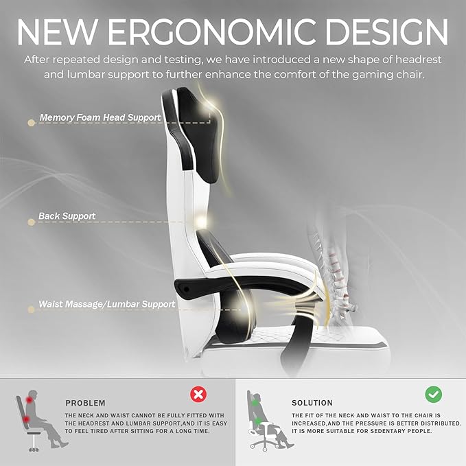 Gaming Chair with Heated Massage Lumbar Support Ergonomic Recliner High Back PC Chair Pocket Spring Cushion &amp Footrest 330lbs Capacity Leather Computer Chair for Adult/Heavy PeopleWhite