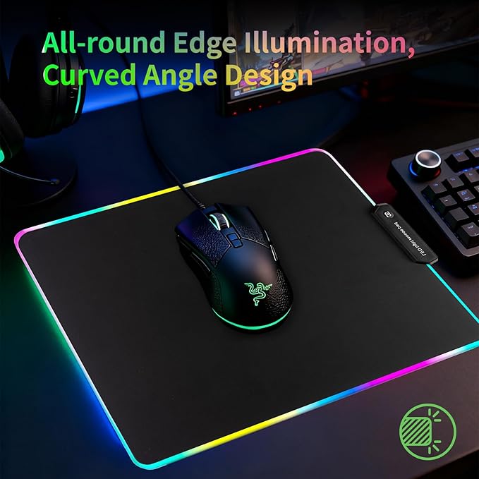 RGB Glass Mouse Pad for Gaming Professional Esport Ultra Smooth Mouse Mat Dimmable Border Lighting Color Mousepad with Stable Rubber Base Speed Control for Games and Office (Black 13.8 x 10.2)
