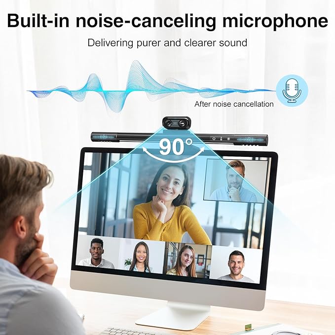 4-in-1 4K Webcam with Microphone and Speaker Noise Cancellation Privacy Cover Auto Light Correction 90° FOV  Plug &amp Play USB Camera with Monitor Light Bar Webcam for PC/Meeting/Online Video