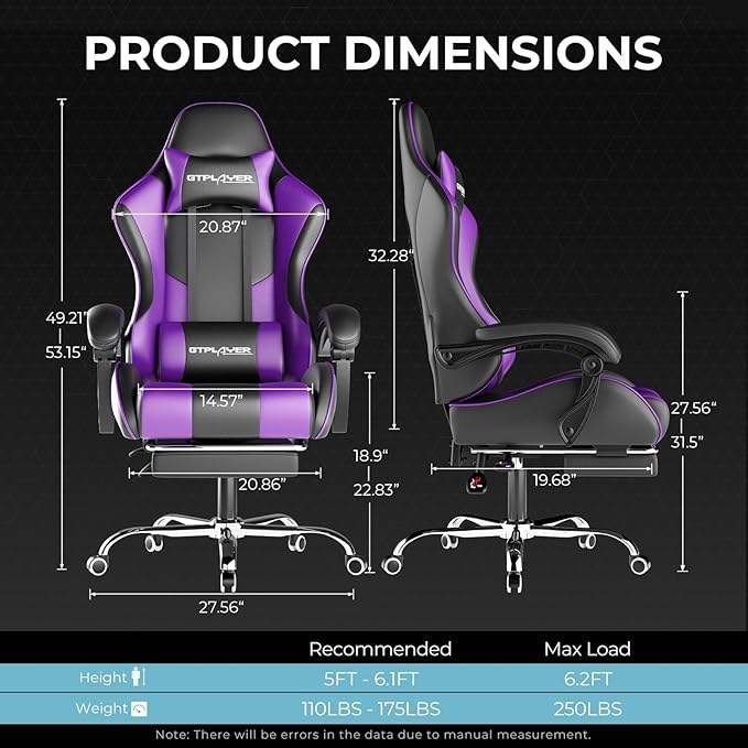 GTPLAYER Gaming Chair Computer Chair with Footrest and Lumbar Support Height Adjustable Game Chair with 360°-Swivel Seat and Headrest and for Office or Gaming (Faux Leather Purple)