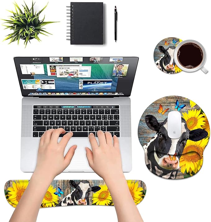Keyboard Wrist Rest and Mouse Pad Wrist Support Set with Coasters Ergonomic Gaming Mousepad Non-Slip PU Base for Home Office Working Studying Easy Typing &amp Pain Relief - Sunflowers and Cow