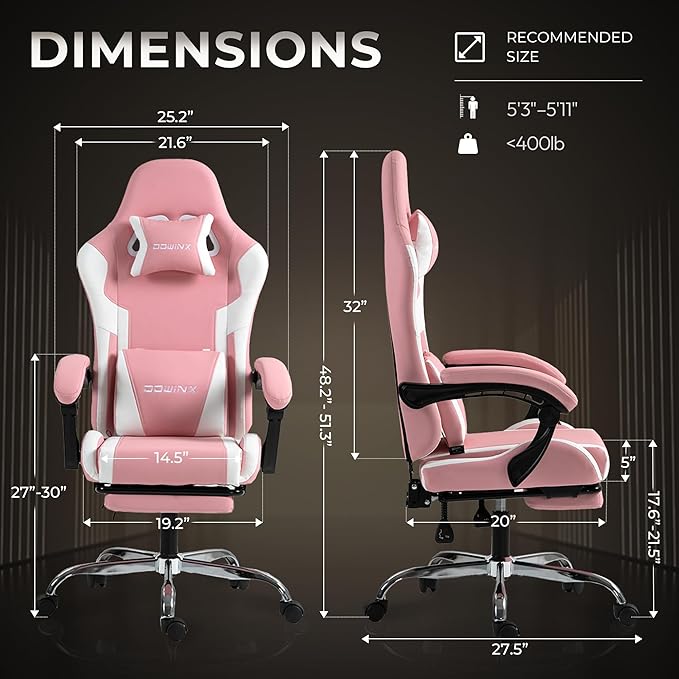 Ergonomic Gaming Chair with Footrest Heavy Duty 330lbs Office Chair Massage Lumbar Support Adjustable Height &amp Headrest Pillow Comfortable for Back Pain Relief Streaming Long Gaming Rose