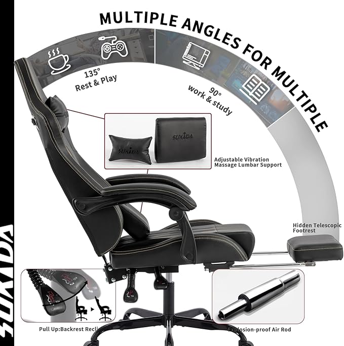 Gaming Chair with Footrest Ergonomic Computer Chair Massage Lumbar Cushion Racing Video Game Chair Adjustable Rocker Recliner Executive Office Desk Chair Pu Leather for Adults